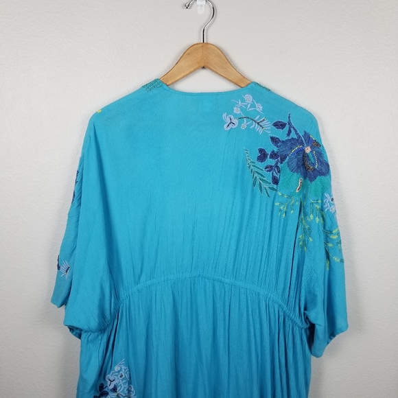 Chico's Aqua Blue Embroidery Beaded Bohemian Duster Kimono Beach Cover Up Sz S/M - Picture 9 of 12
